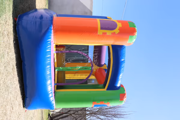 Mini castillo inflable en jardin con globos para reunion familiar