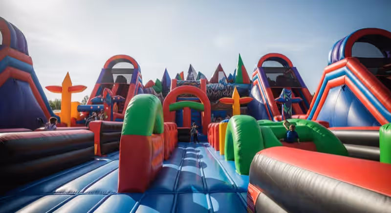 Niños disfrutando un castillo inflable en jardín
