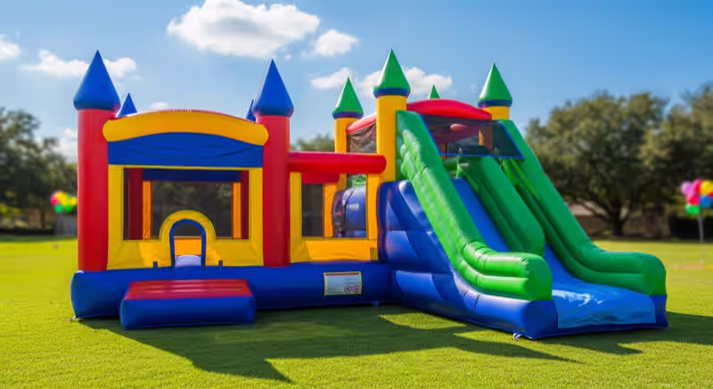 Castillo Blanco BRINCOLINS — inflable elegante para bodas y XV años en CDMX, 6×5×4 metros blanco y dorado