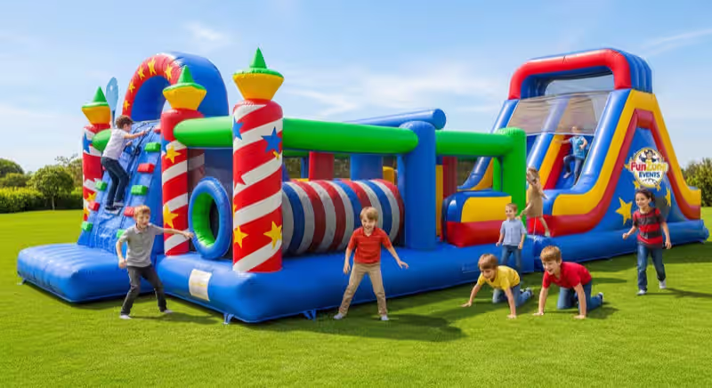Circuito de obstáculos inflable para cumpleaños de niños de 8 a 12 años en Toluca Estado de México