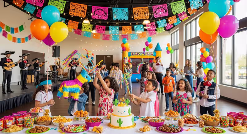 Zona infantil elegante coordinada con mesa de dulces de boda en CDMX