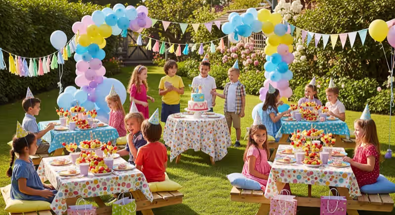 Niños en fiesta de jardín con arco de globos en CDMX