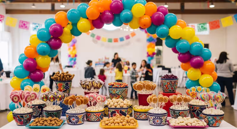Mesa de dulces elegante con arco de globos para boda en CDMX