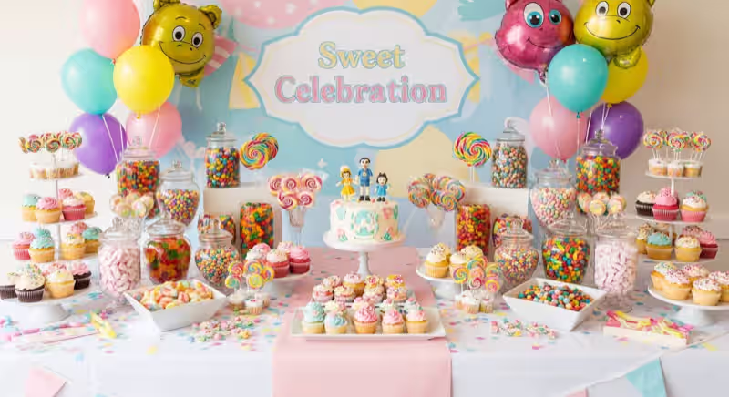 Mesa de dulces temática con globos pastel para cumpleaños infantil en CDMX