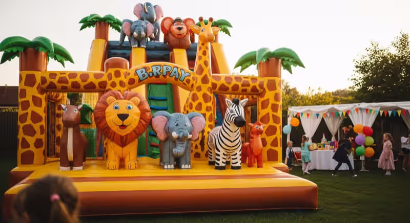 Fiesta infantil en jardín de Toluca con inflable instalado, plan de contingencia ante lluvia