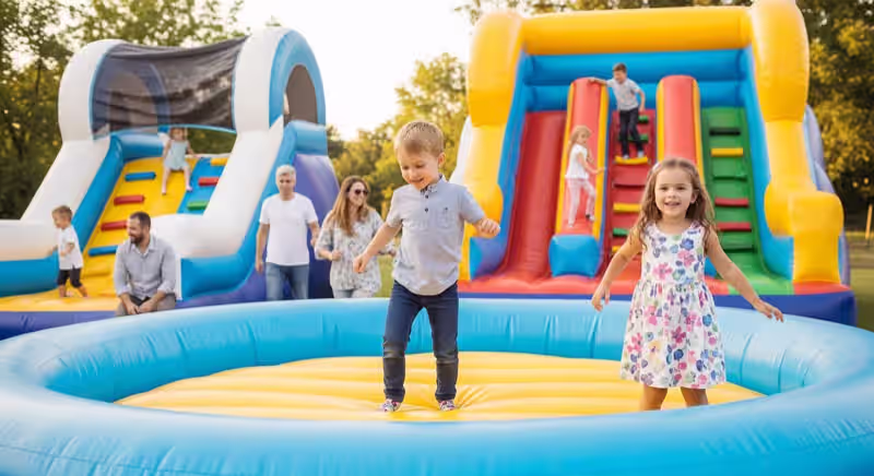 Niños en brincolin con resbaladilla durante evento de cumpleaños en Toluca