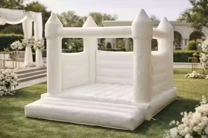 Inflable Castillo Blanco - Con flores en jardín CDMX