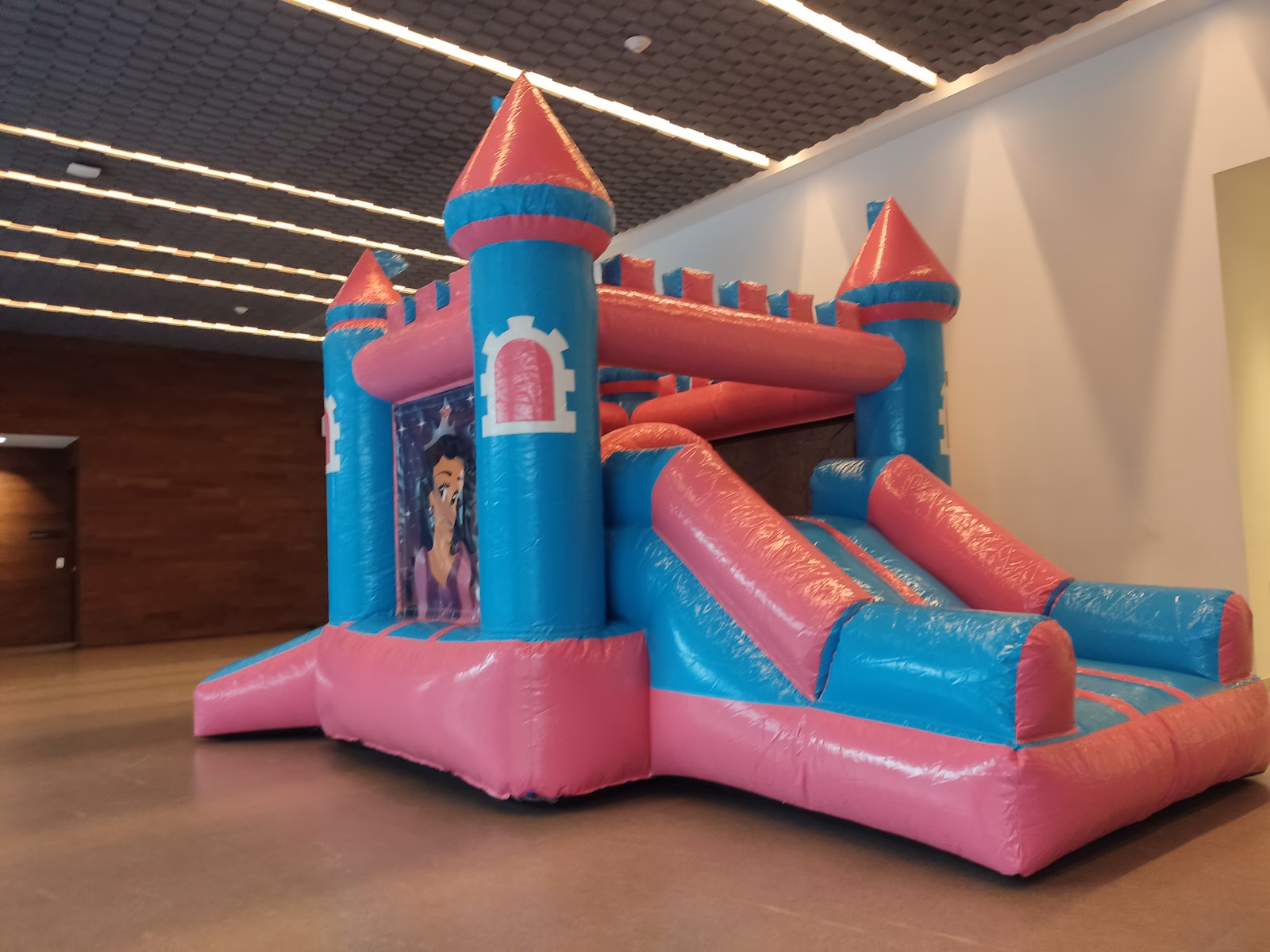 Castillo princesas turquesa y rosa inflable cumpleaños niña CDMX