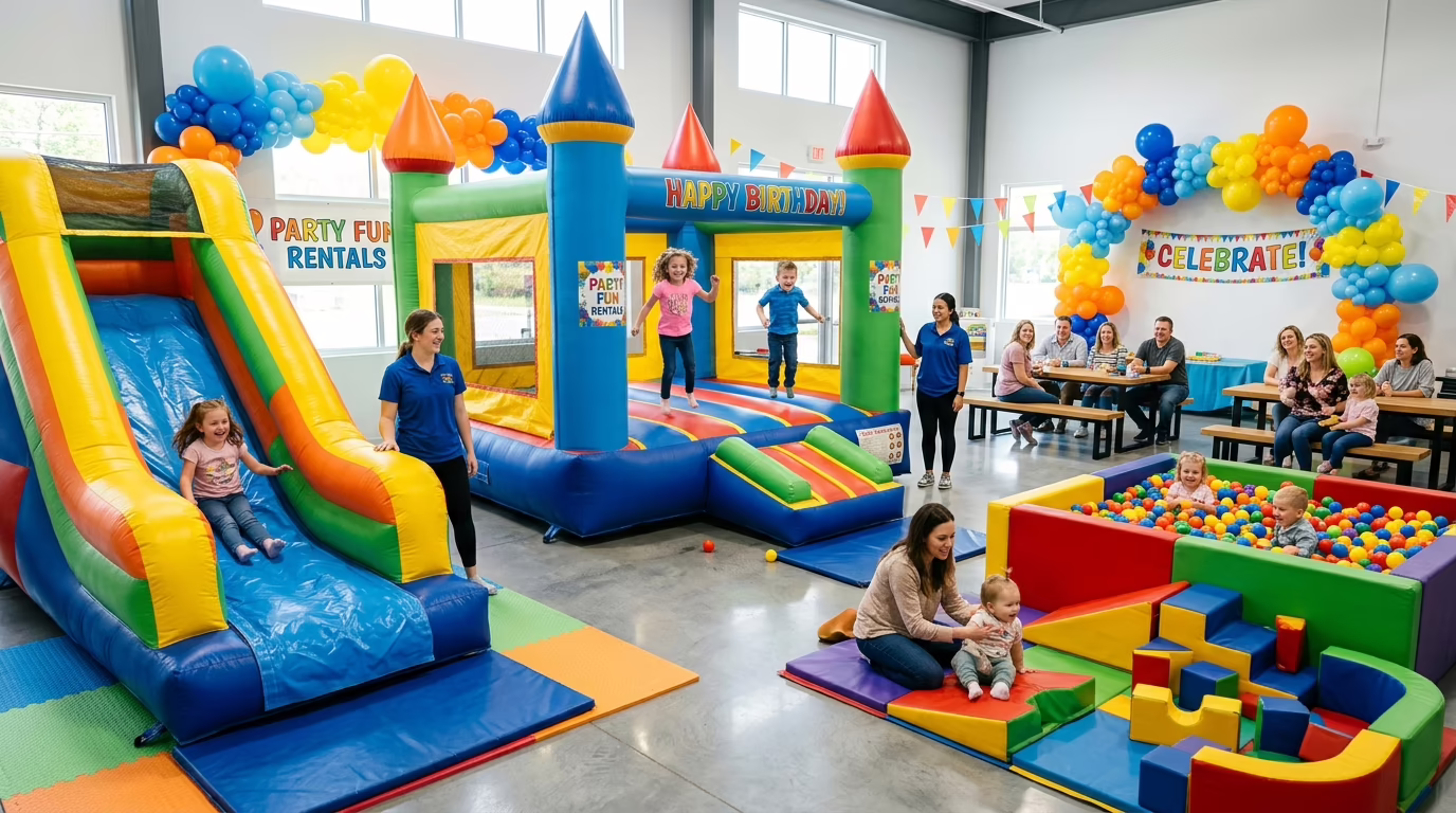 Área de juegos inflable en salón Divertixubys, Nezahualcóyotl Edomex